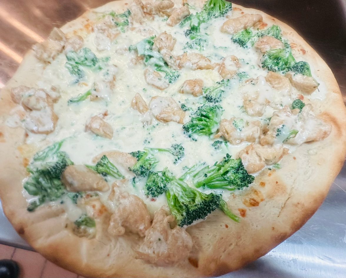 Chicken Broccoli Pan Pizza.