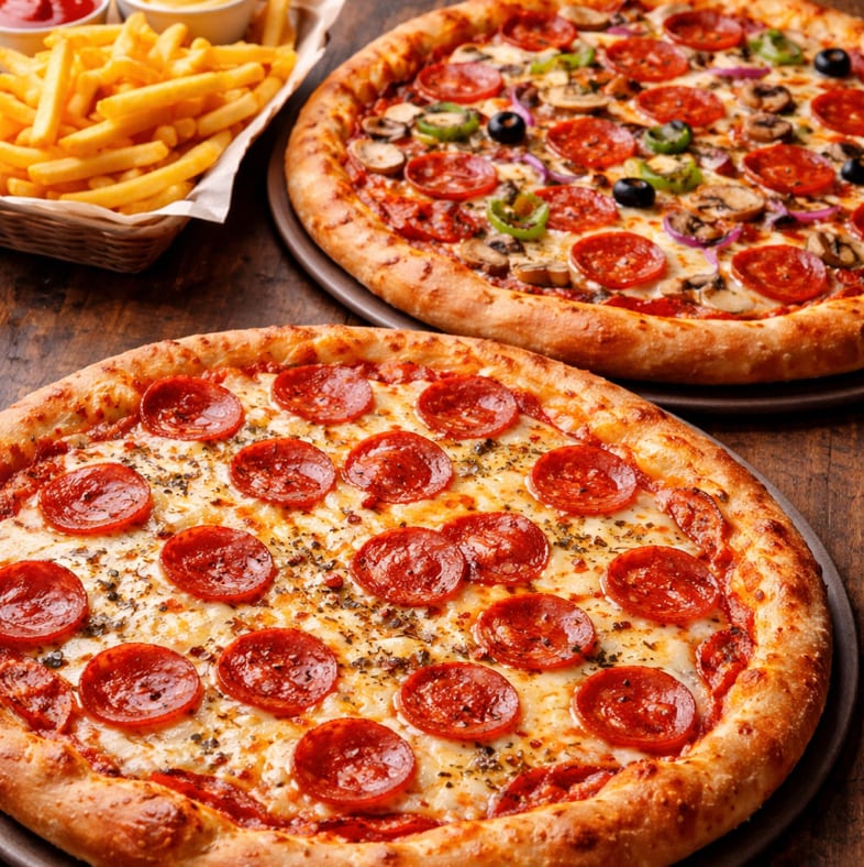 2 Large Plain Pizzas & Order of Fries Pick Up Only.