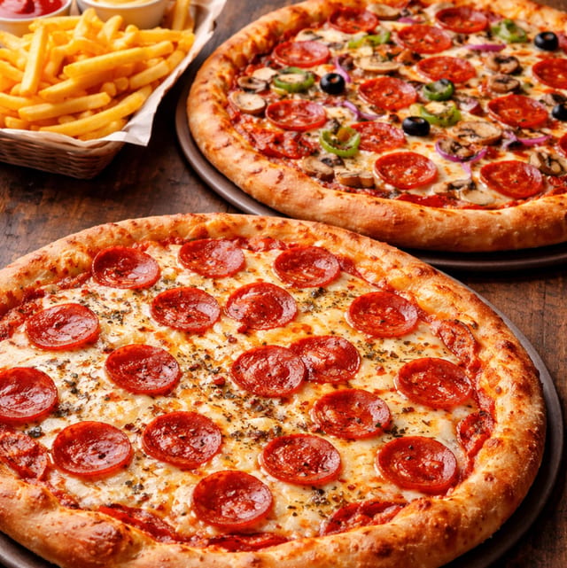 2 Large Plain Pizzas & Order of Fries Pick Up Only.