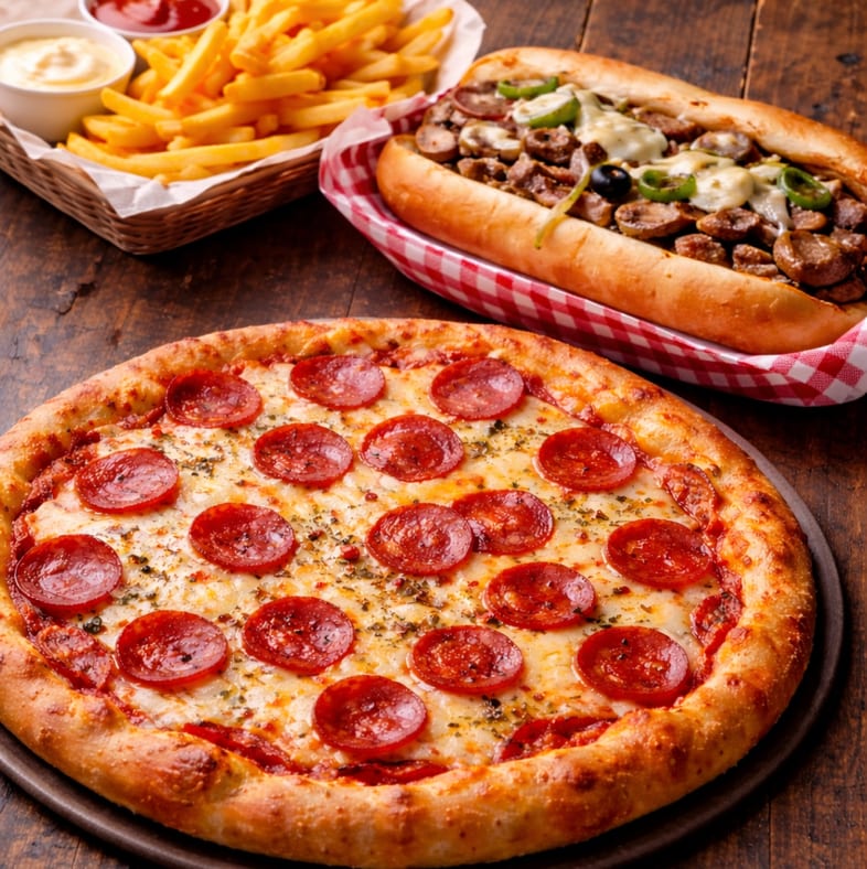 Large Plain Pizza, 1 Cheesesteak & Order of Fries Special.