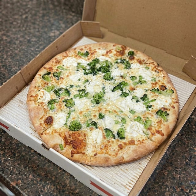 Chicken & Broccoli White Pizza.