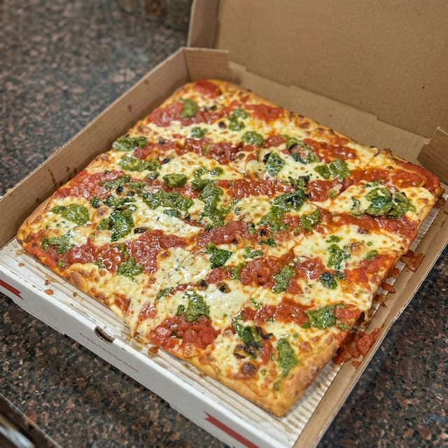 Sicilian Triple Sauce Grandma Pizza.