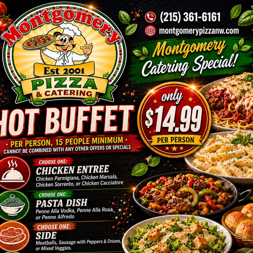 Montgomery Pizza & Catering's Hot Buffet special advertisement, featuring various Italian dishes and pricing details.