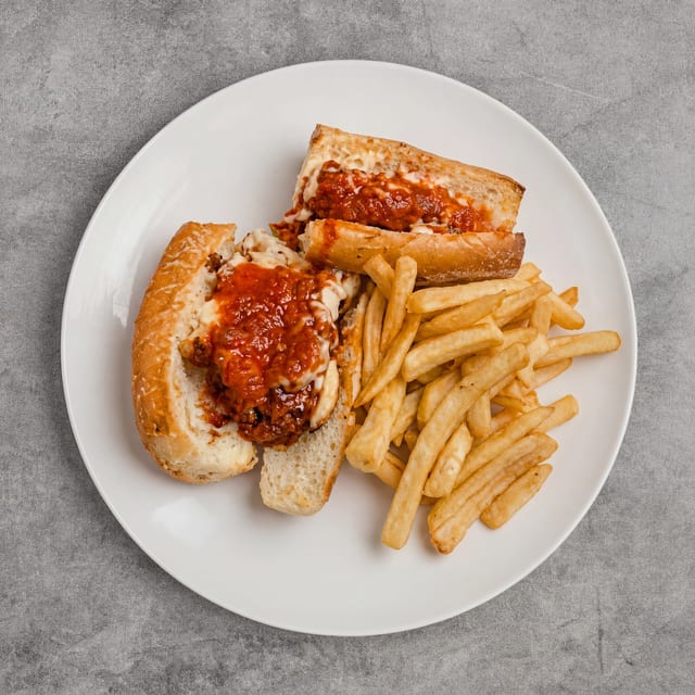 Chicken Parmigiana Sandwich, Fries & Soda Lunch.