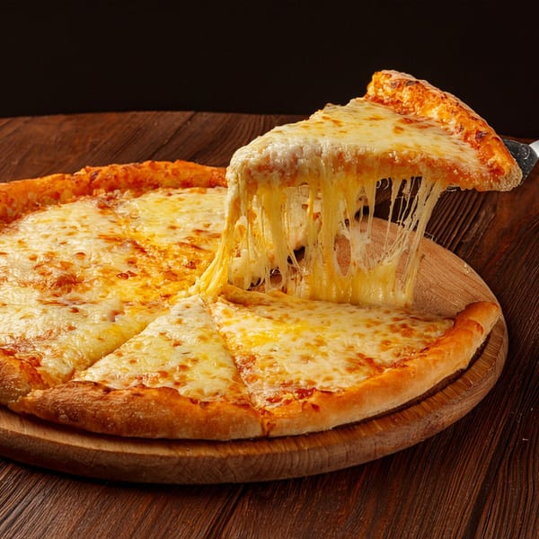 A slice of cheesy pizza being lifted from a whole pizza, stretching melted cheese.