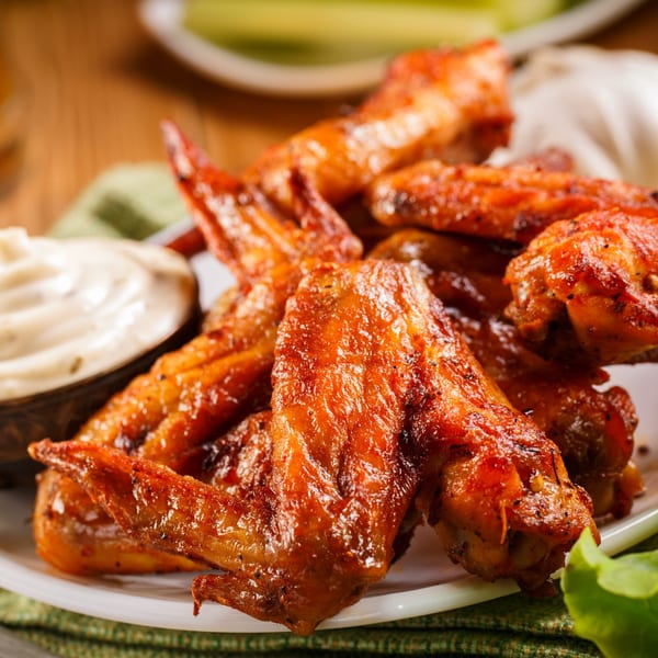 Crispy, golden-brown chicken wings on a white plate with a side of creamy dipping sauce.