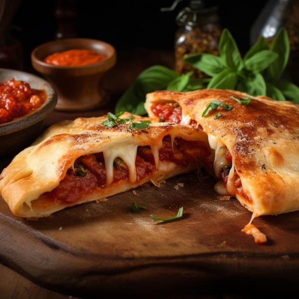 Two calzones, one cut open revealing melted cheese and tomato sauce, on a wooden board.
