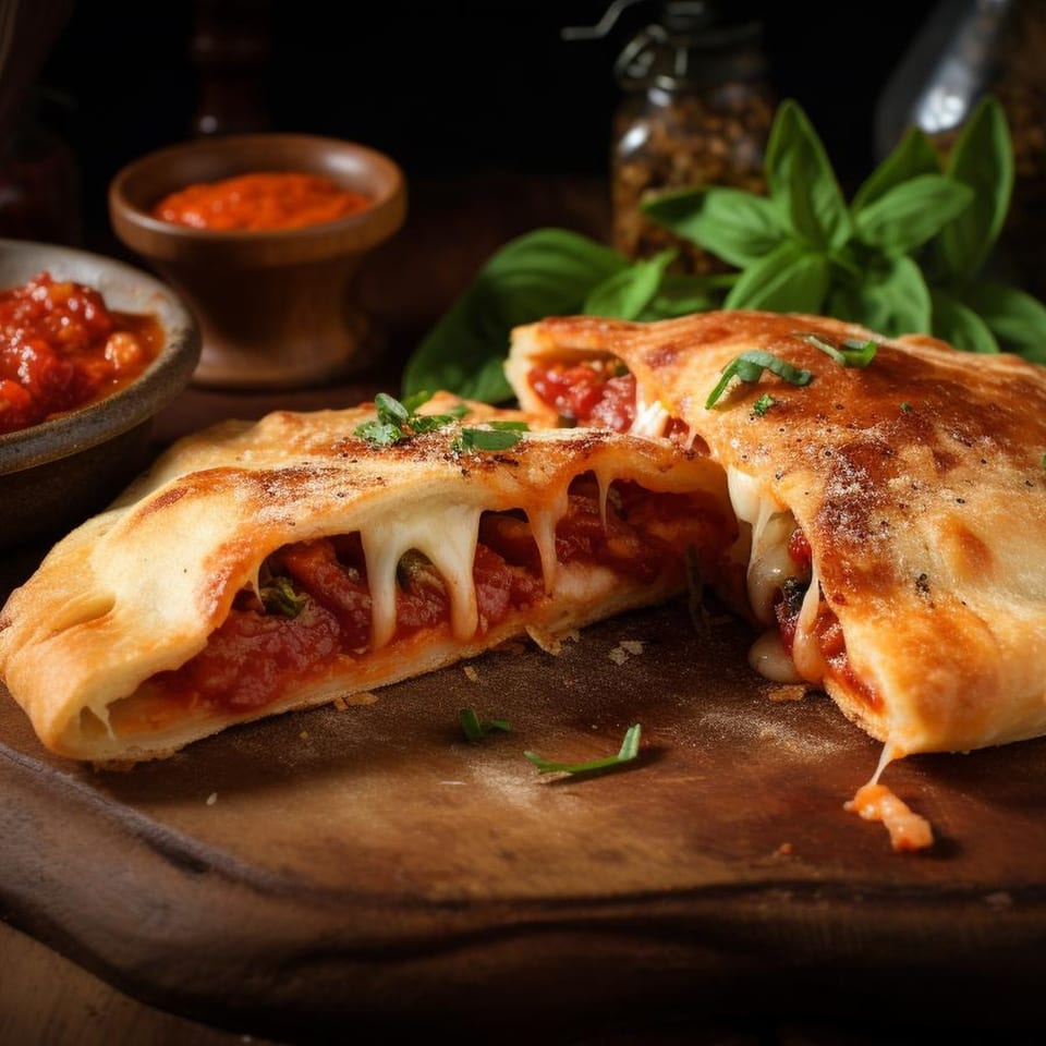 Two calzones, one cut open revealing melted cheese and tomato sauce, on a wooden board.