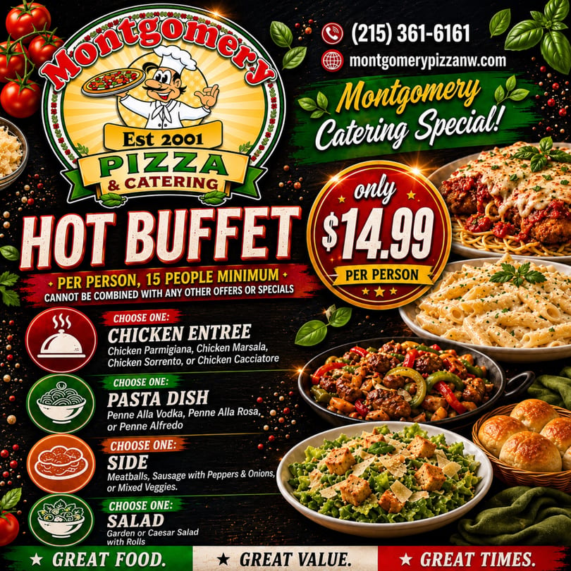 Montgomery Pizza & Catering advertisement for a hot buffet special with various Italian dishes.