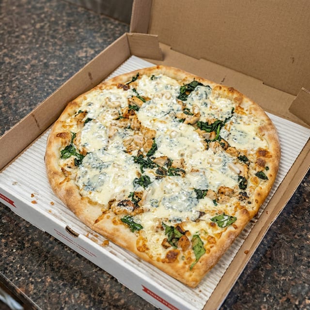 Chicken Florentine White Pizza.